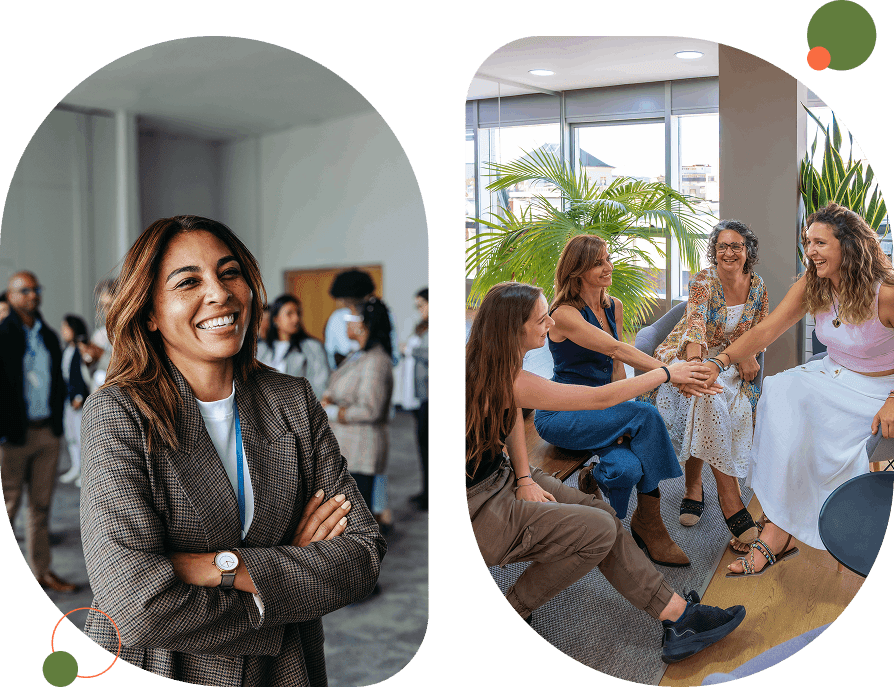 Confident professional woman smiling with arms crossed in an office setting.
